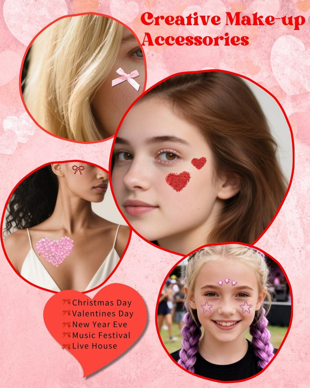 Maffuno Red Bow Face Gems & Glitter Kit — Self-Adhesive Rhinestones, Gels, and Jewels for Face, Body & Hair
