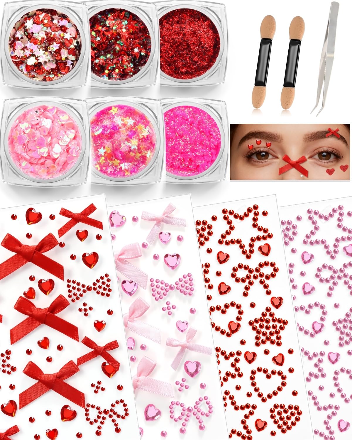 Maffuno Red Bow Face Gems & Glitter Kit — Self-Adhesive Rhinestones, Gels, and Jewels for Face, Body & Hair