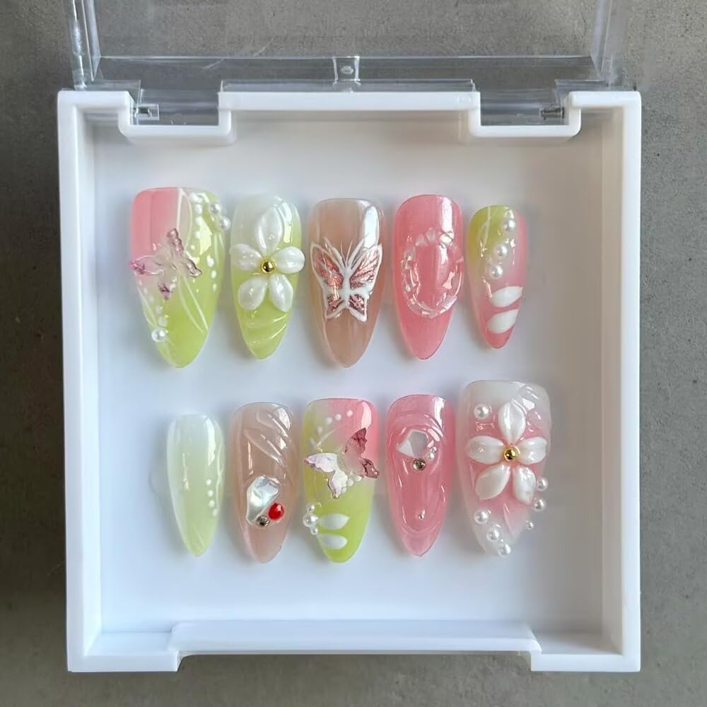 MAGLFELL Small Size Press On Nails – 3D Almond Handmade Nail Art, Thick Acrylic + Multi-Layer Gel (Size S)