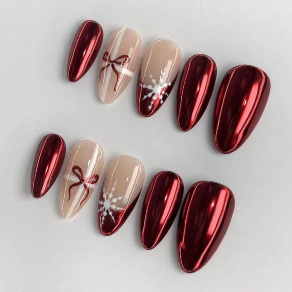 MAGLFELL Christmas Press On Nails – Handmade Almond Medium-Length with 3D Bows (Size S, 10Pcs)