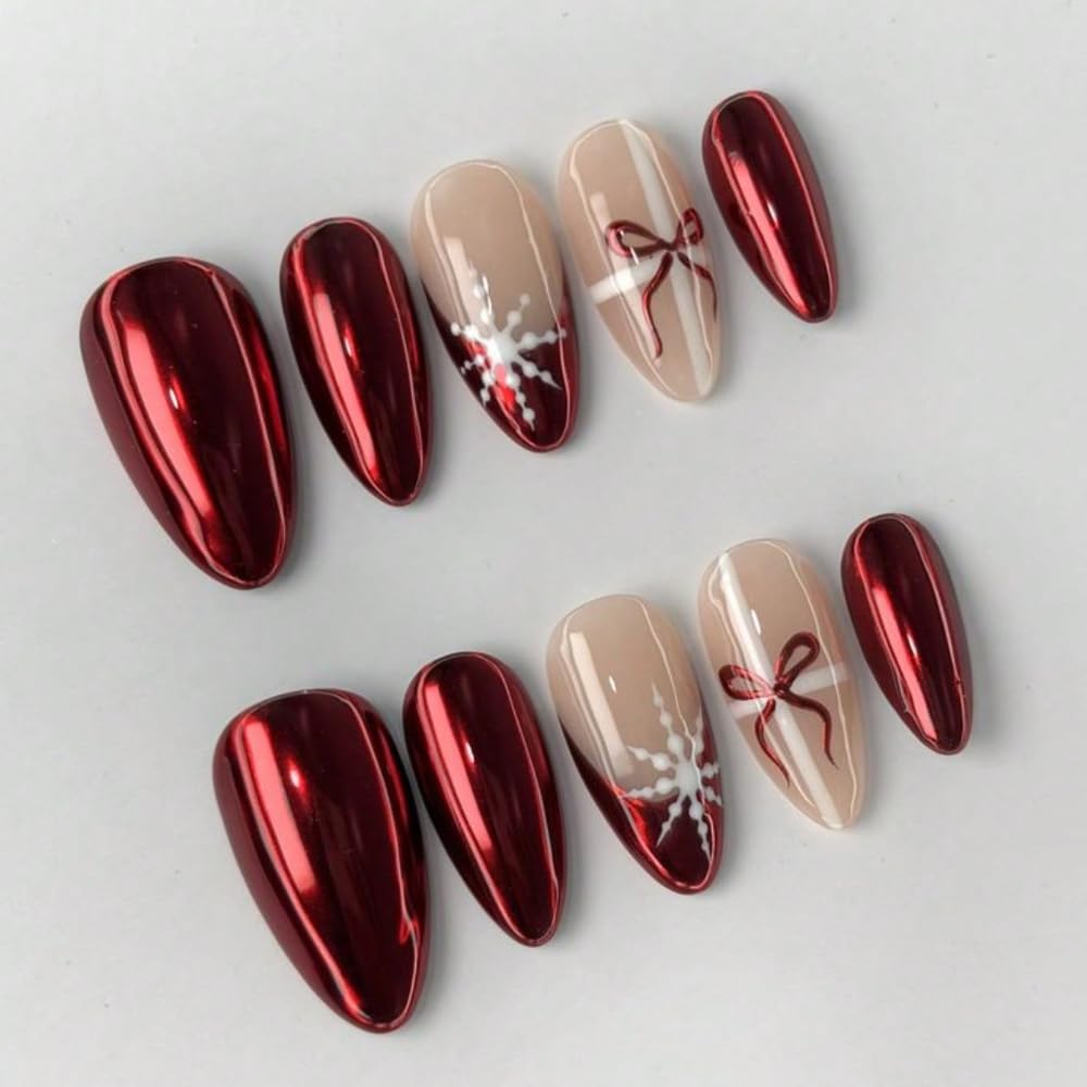 MAGLFELL Valentine's Day Press On Nails – Handmade Medium Almond, Red 3D Bow Design, Reusable (Size M)