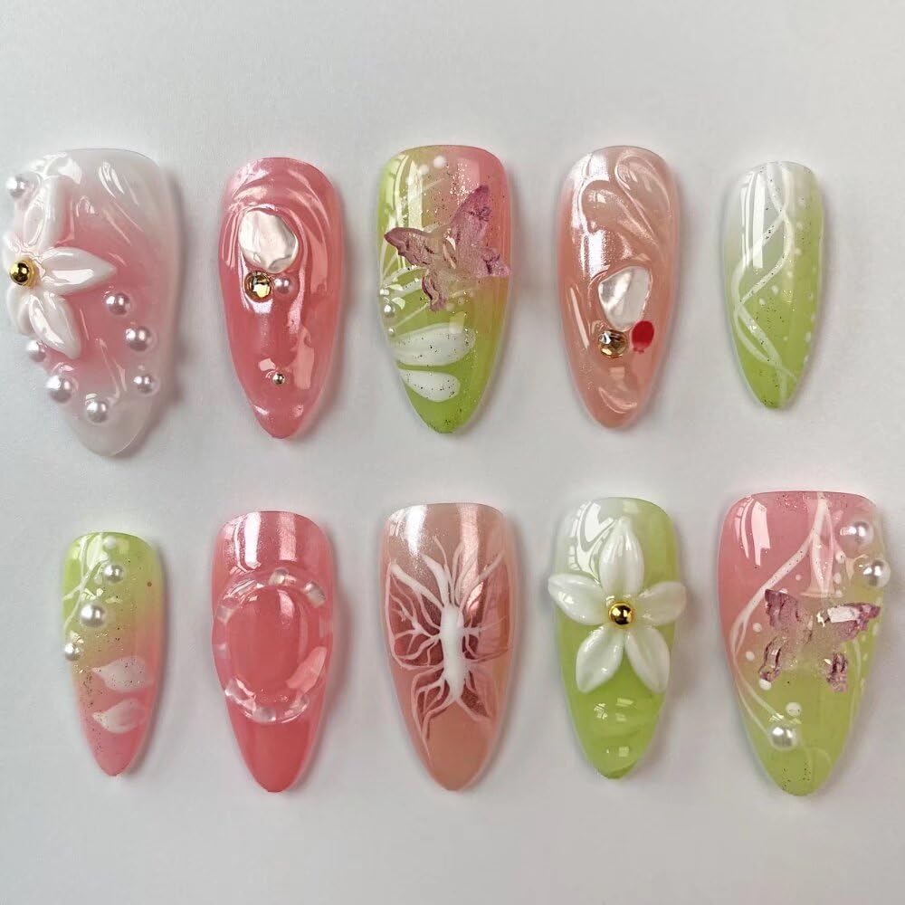 MAGLFELL Small Size Press On Nails – 3D Almond Handmade Nail Art, Thick Acrylic + Multi-Layer Gel (Size S)