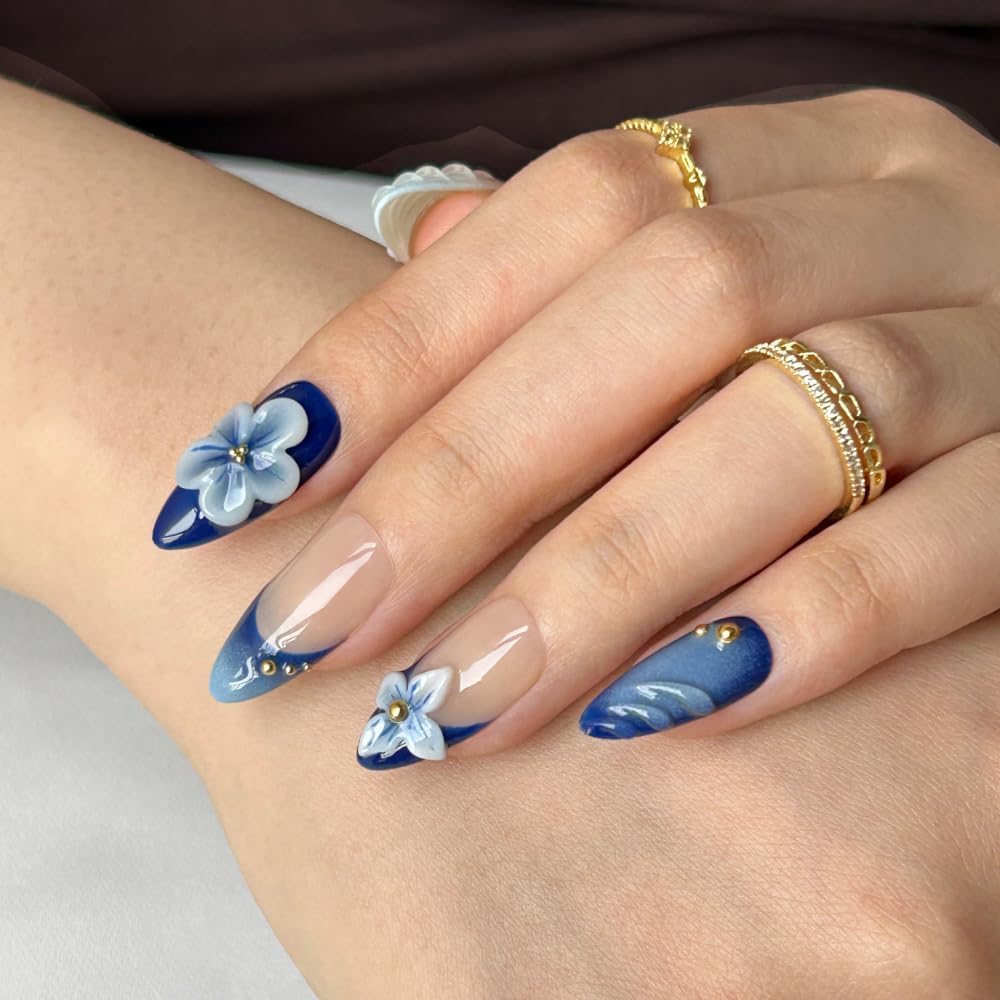 MAGLFELL Press On Nails - Luxury Medium Almond 3D Nails | Reusable ABS, Finger-Printed Nail Tips, French Salon Design (Size M)
