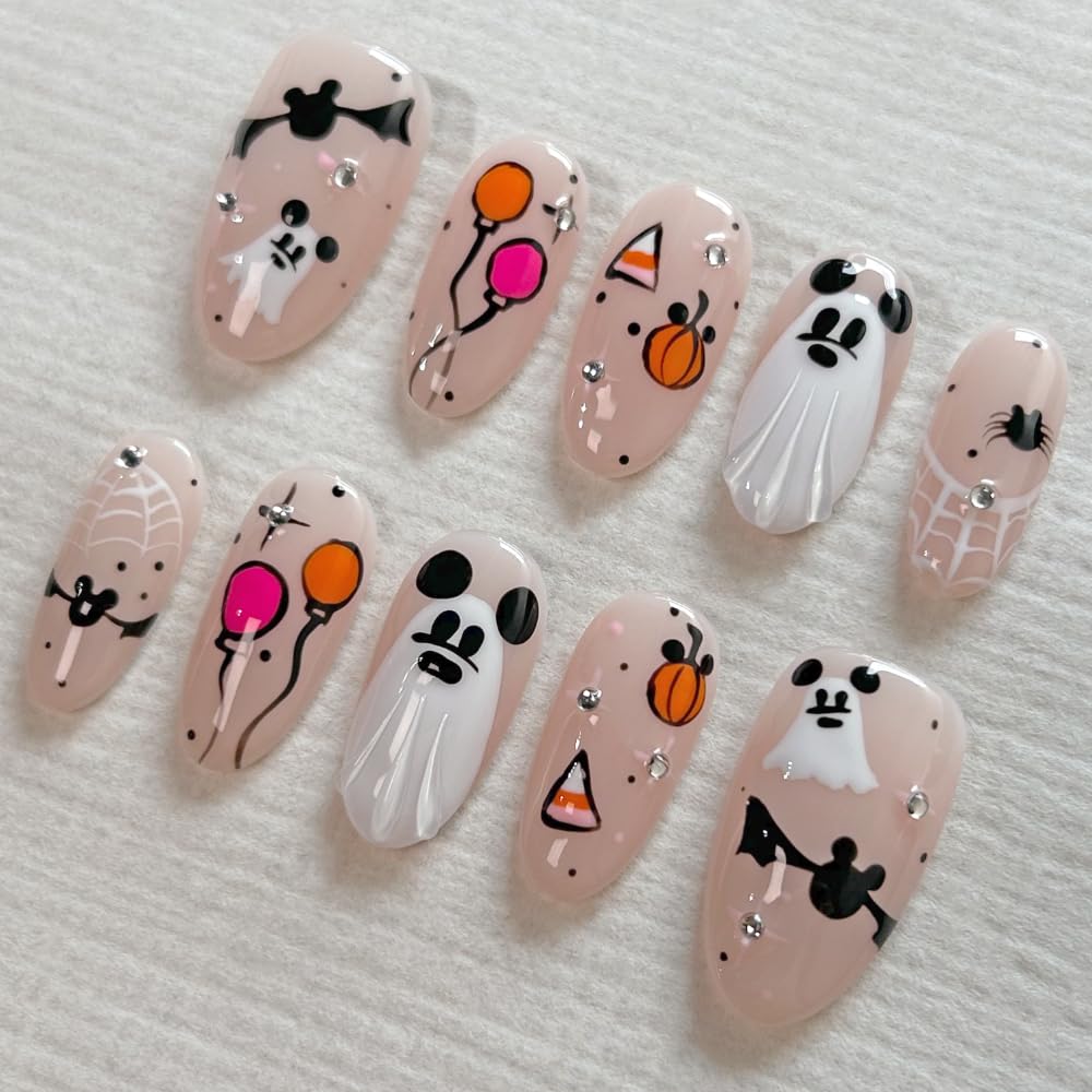 MAGLFELL Press On Nails - Handmade Medium Length Oval Nails with Ghost Design, 10 Pcs ABS Kit
