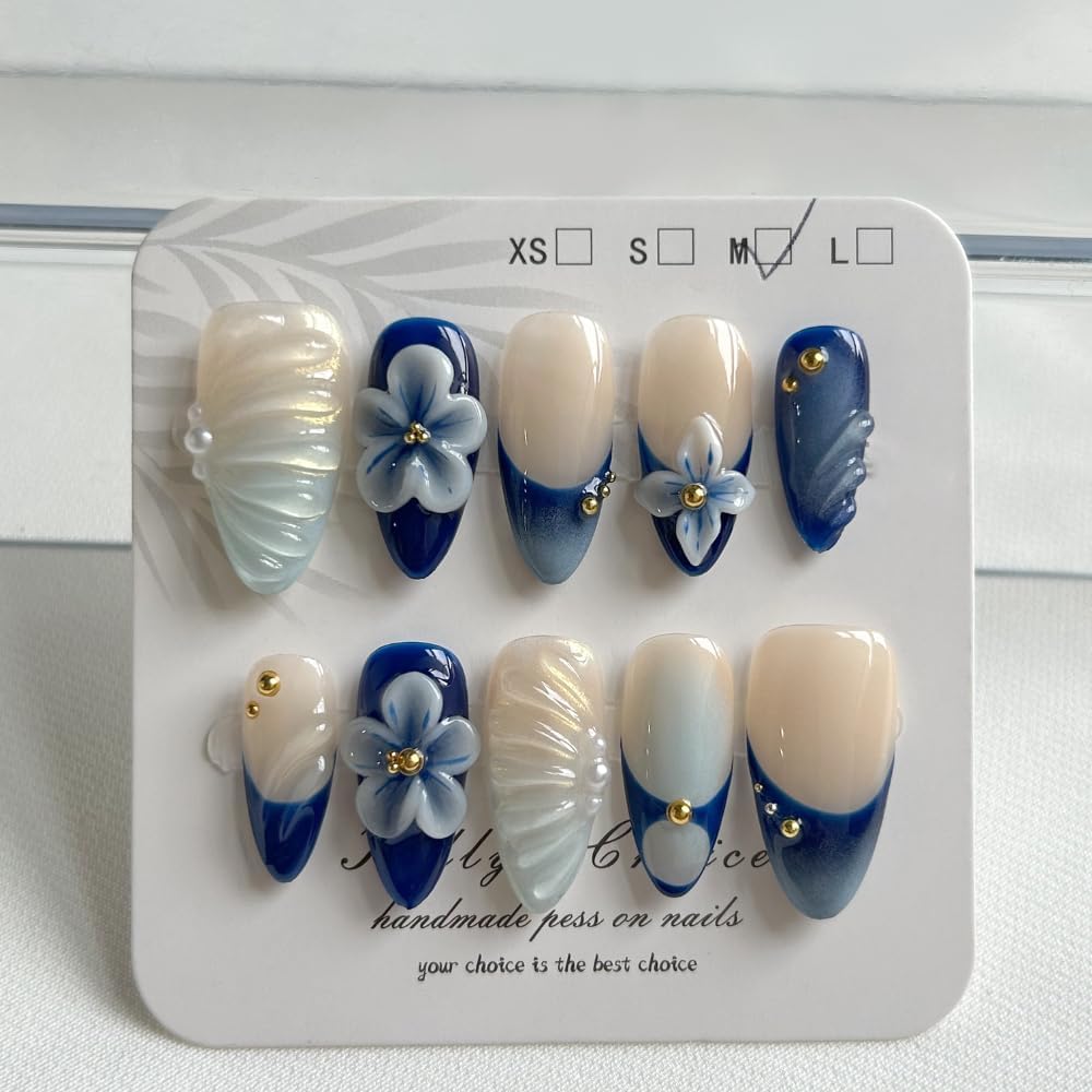 MAGLFELL Press On Nails - Luxury Medium Almond 3D Nails | Reusable ABS, Finger-Printed Nail Tips, French Salon Design (Size M)