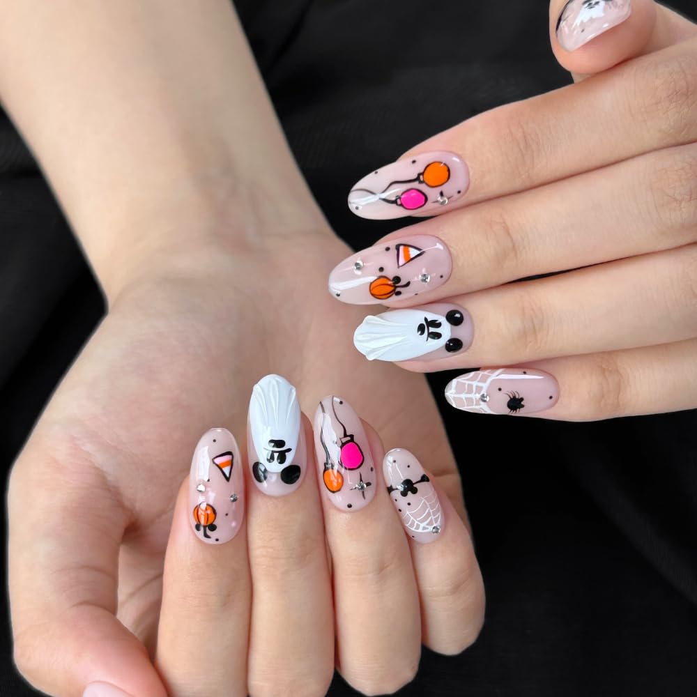 MAGLFELL Press On Nails - Handmade Medium Length Oval Nails with Ghost Design, 10 Pcs ABS Kit