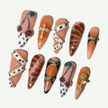 MAGLFELL Press On Nails – Handmade Stiletto Orange with 3D Cherry & Gold Accents, 10-Piece Acrylic Kit