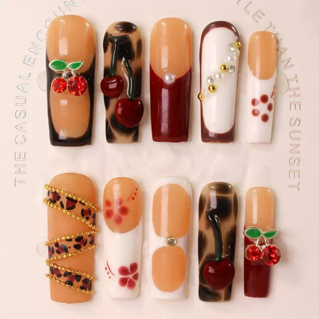 Maigitur 100% 5D Handmade Press On Nails – Brown Ombre with Charms | Long Square DIY Manicure Size M