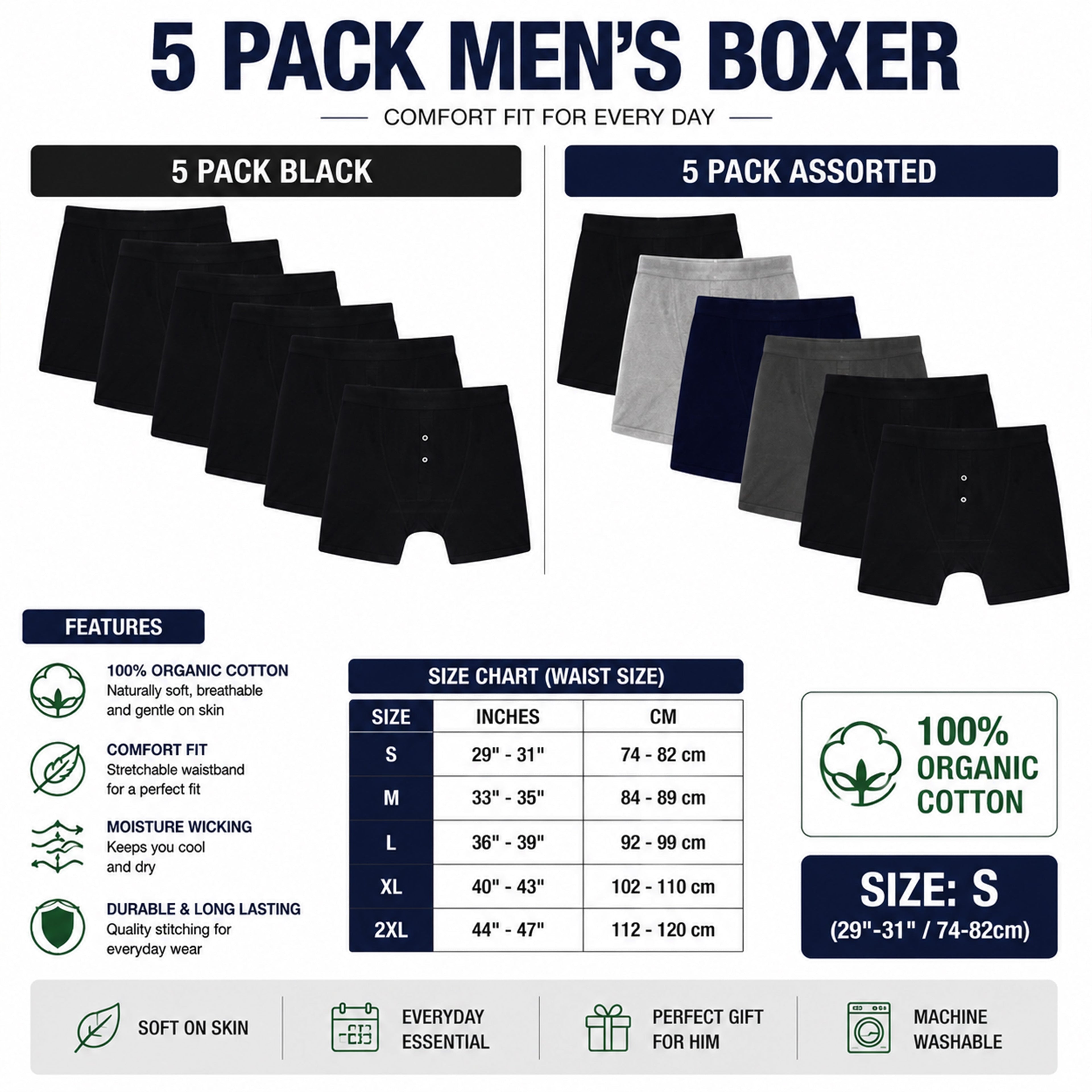 Sock Stack Men's Cotton Button Fly Boxer Shorts Pack Of 5 Breathable Stretch Gym Sports