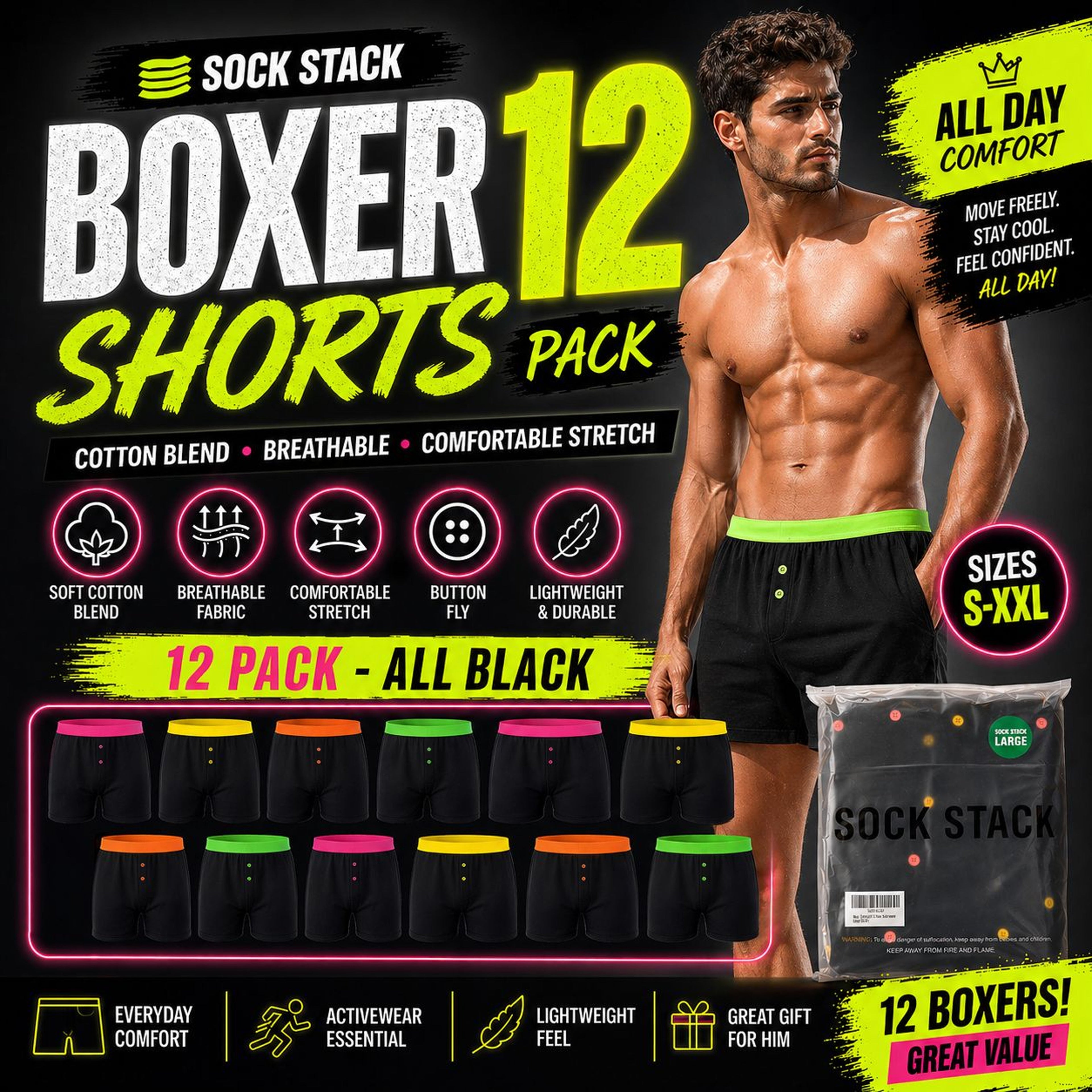 Sock Stack Boxer Shorts 12 Pack Black Cotton Blend Breathable Comfortable Stretch Button