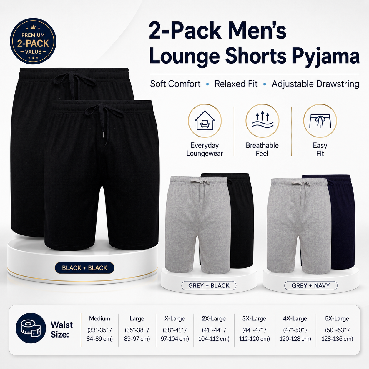 Sock Stack Men's Cotton Lounge Shorts Stretchable 2 Pack Black Navy Grey Durable