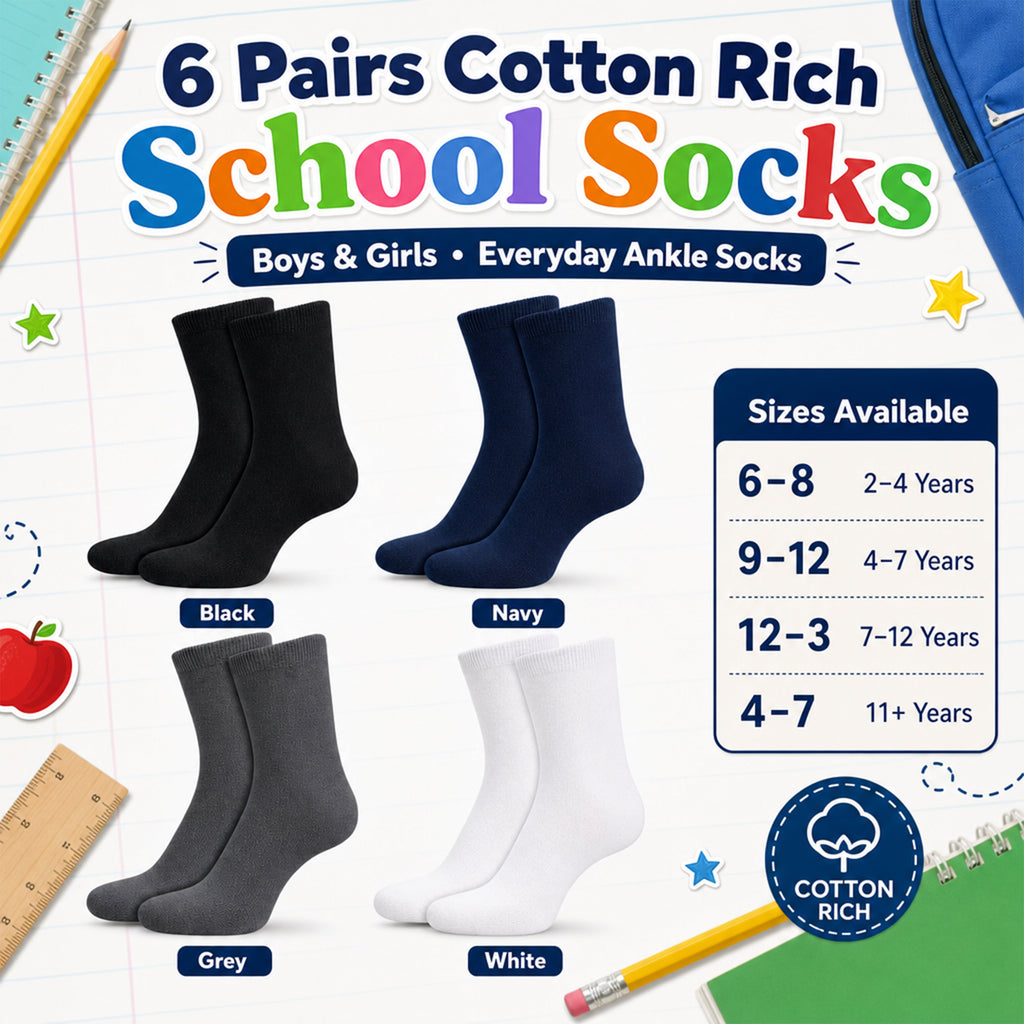 Sock Stack 6 Pairs Kids Cotton Rich School Socks Ankle Breathable Durable Uniform Unisex