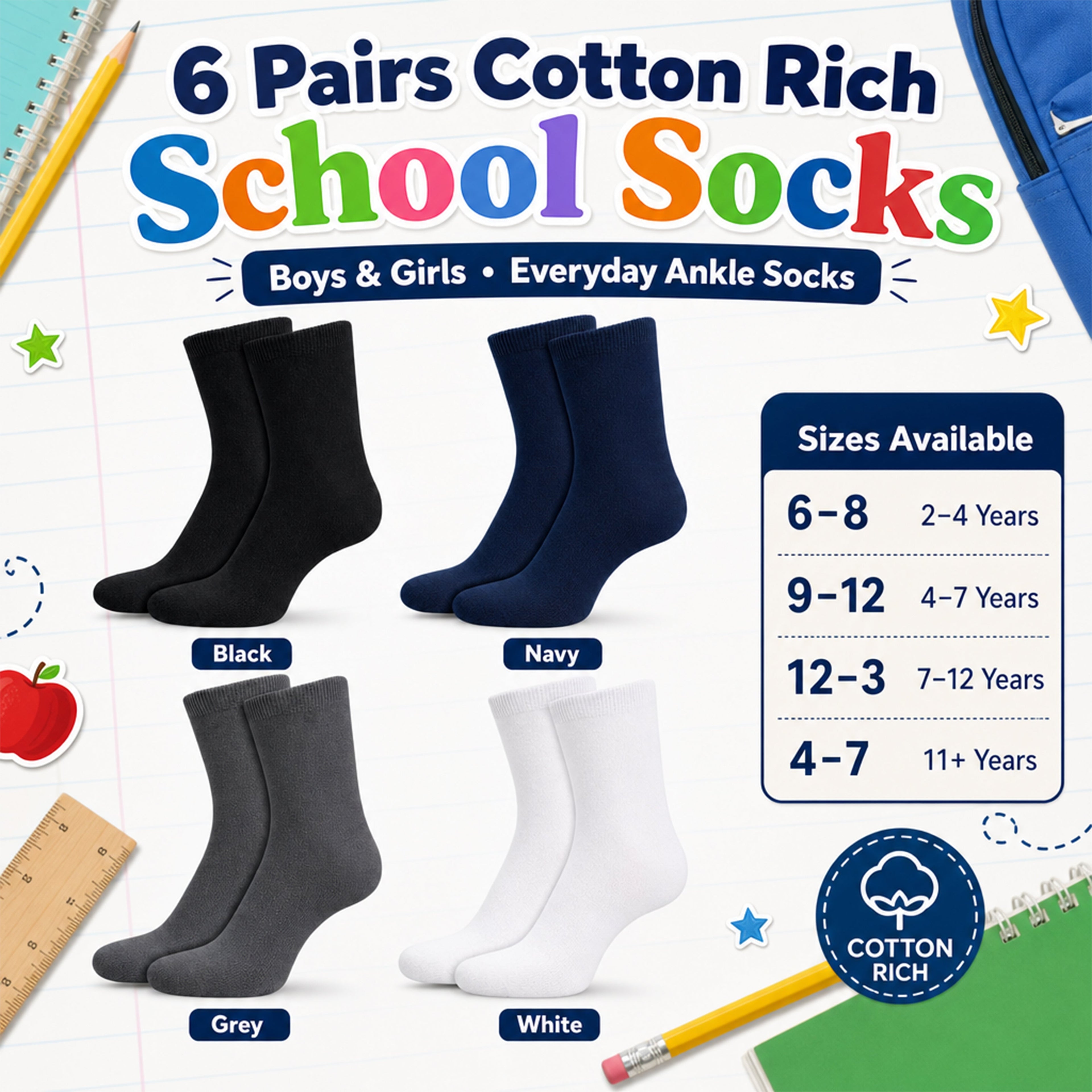 Sock Stack 6 Pairs Kids Cotton Rich School Socks Ankle Breathable Durable Uniform Unisex