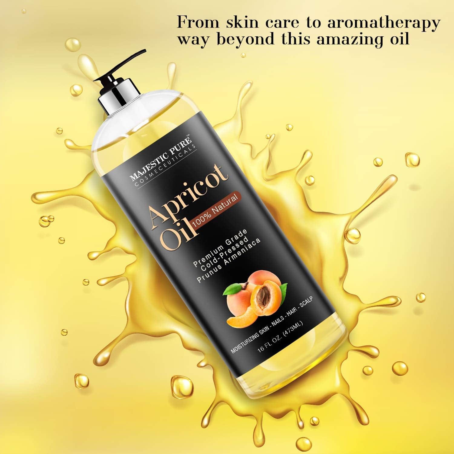 Majestic Pure Apricot Oil – 100% Pure Cold-Pressed Apricot Kernel Oil for Skin, Hair, Massage & Essential Oil Dilution | 16 fl oz
