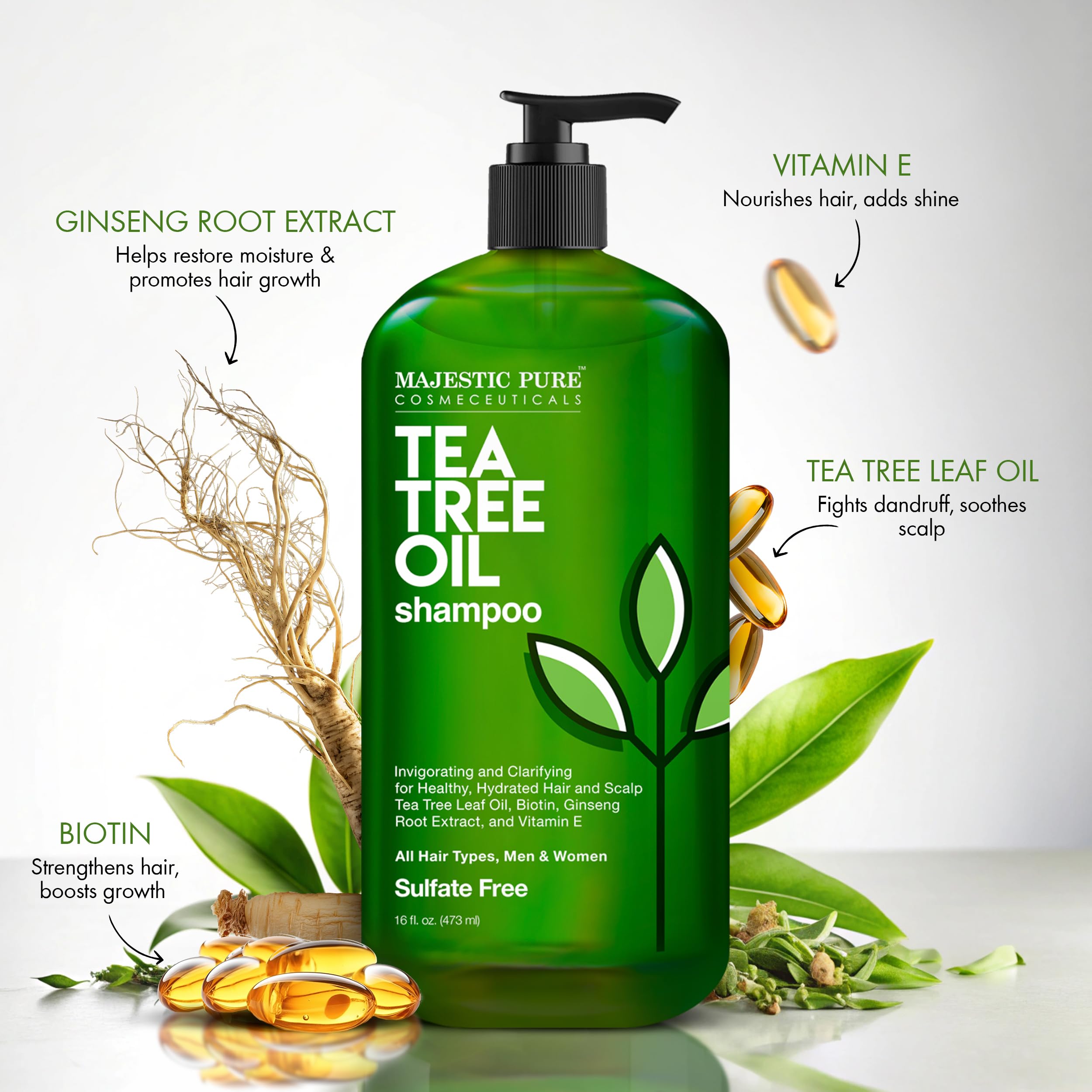 Majestic Pure Tea Tree Shampoo – 16 fl oz – Sulfate Free, Dandruff & Itchy Scalp Relief, All Hair Types