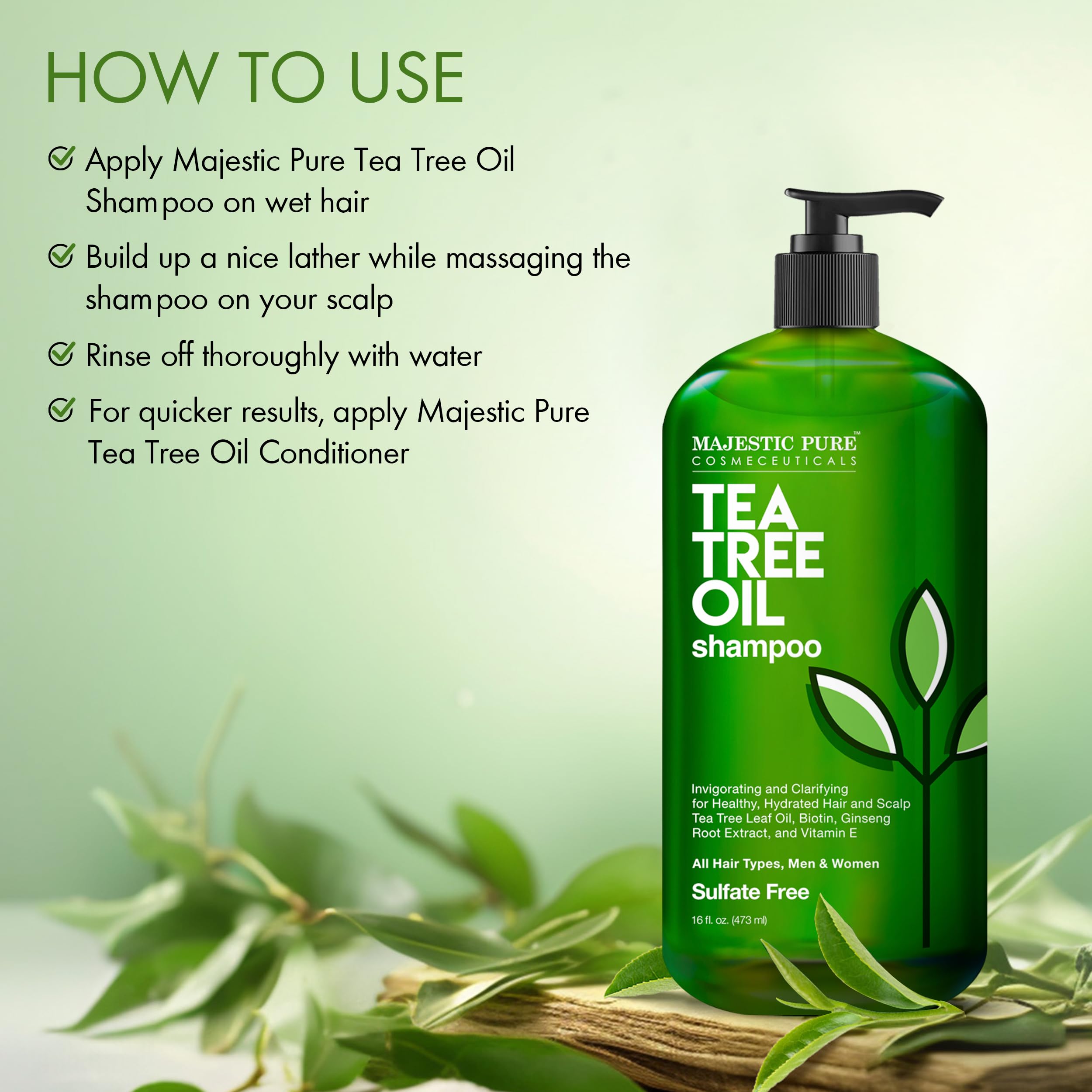 Majestic Pure Tea Tree Shampoo – 16 fl oz – Sulfate Free, Dandruff & Itchy Scalp Relief, All Hair Types