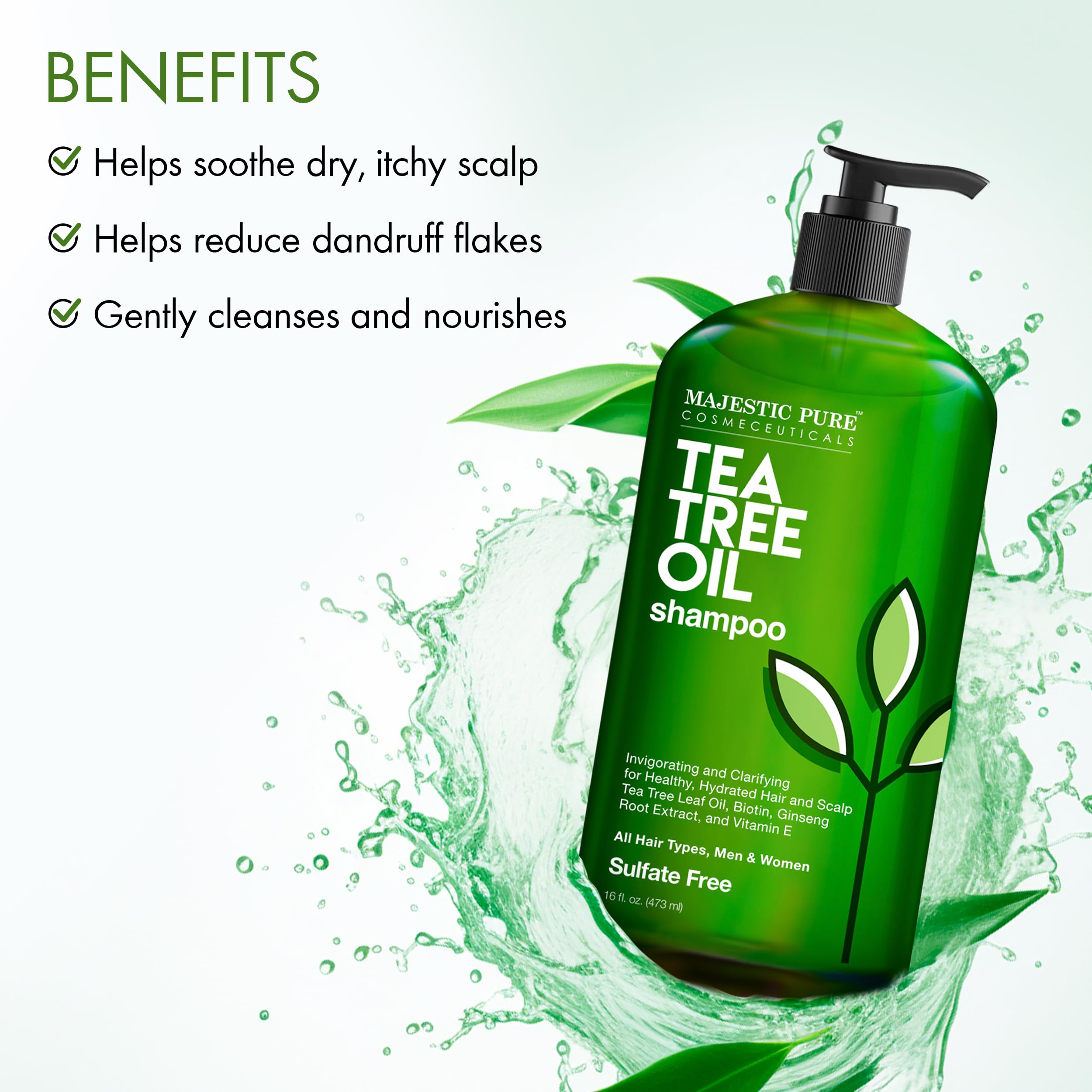 Majestic Pure Tea Tree Shampoo – 16 fl oz – Sulfate Free, Dandruff & Itchy Scalp Relief, All Hair Types