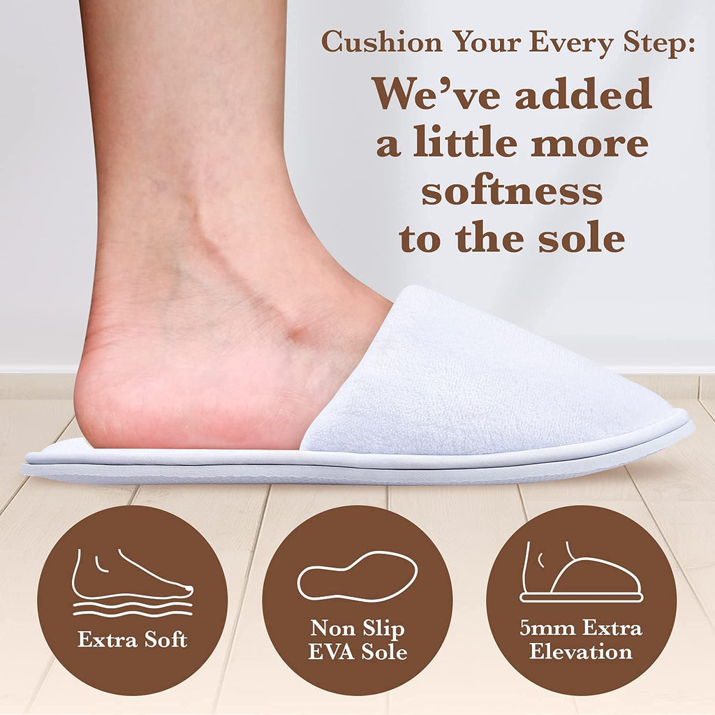 MAJI SIMPLY JOYOUS White Spa Slippers for Women – 6-Pack Guest Slippers, Non-Slip, Closed-Toe, Travel-Friendly