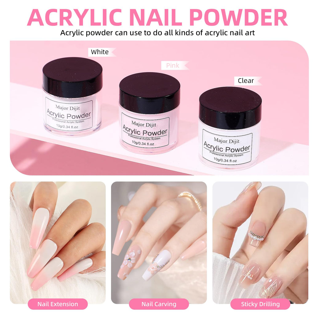 Major Dijit Acrylic Nail Kit Starter Set — Seasons Color-B1: White Pink Clear Powders, Gel Polish, UV Lamp, Beginner Tools