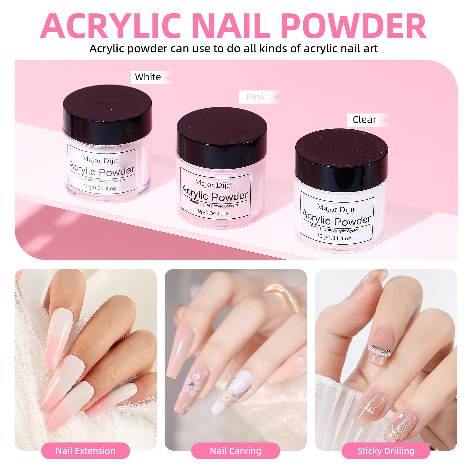 Major Dijit Acrylic Nail Kit Starter Set — Seasons Color-B1: White Pink Clear Powders, Gel Polish, UV Lamp, Beginner Tools