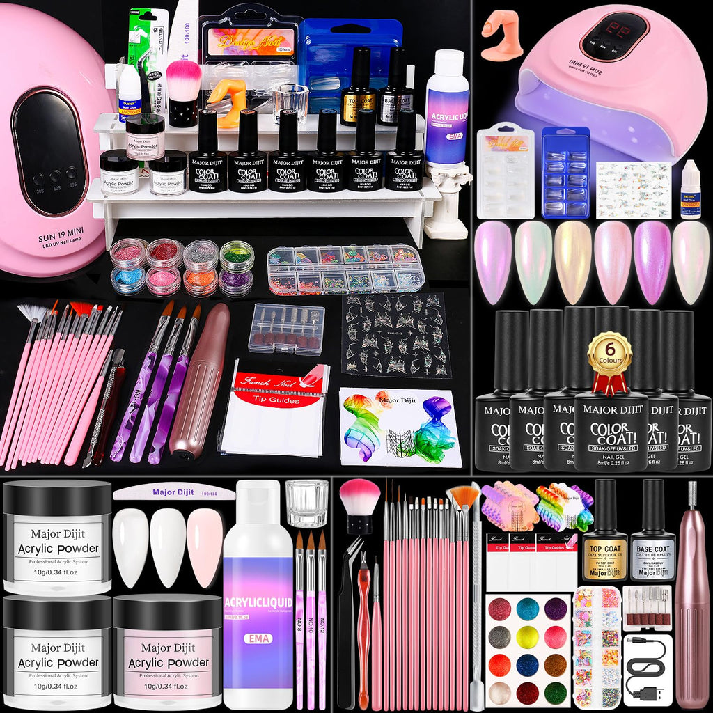 Major Dijit Acrylic Nail Kit Starter Set — Seasons Color-B1: White Pink Clear Powders, Gel Polish, UV Lamp, Beginner Tools