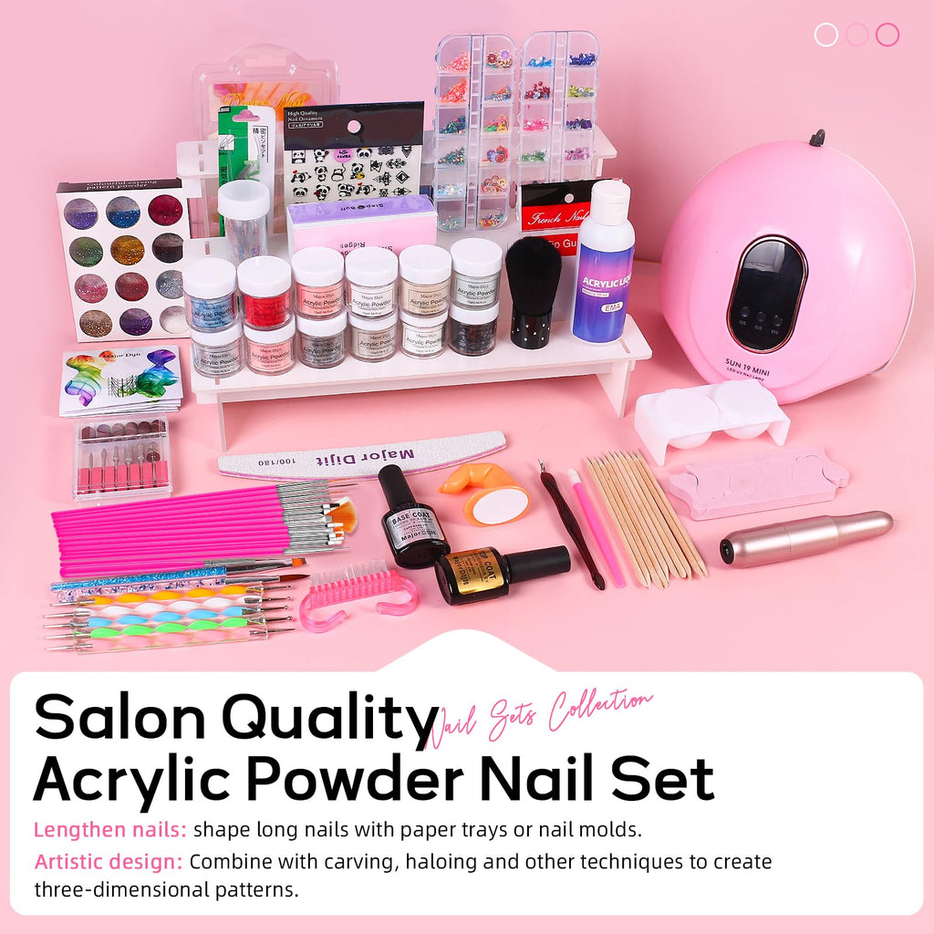 Major Dijit Acrylic Nail Kit with LED Lamp & Drill – 12 Colors, Base/Top Coats, Tips & Charms