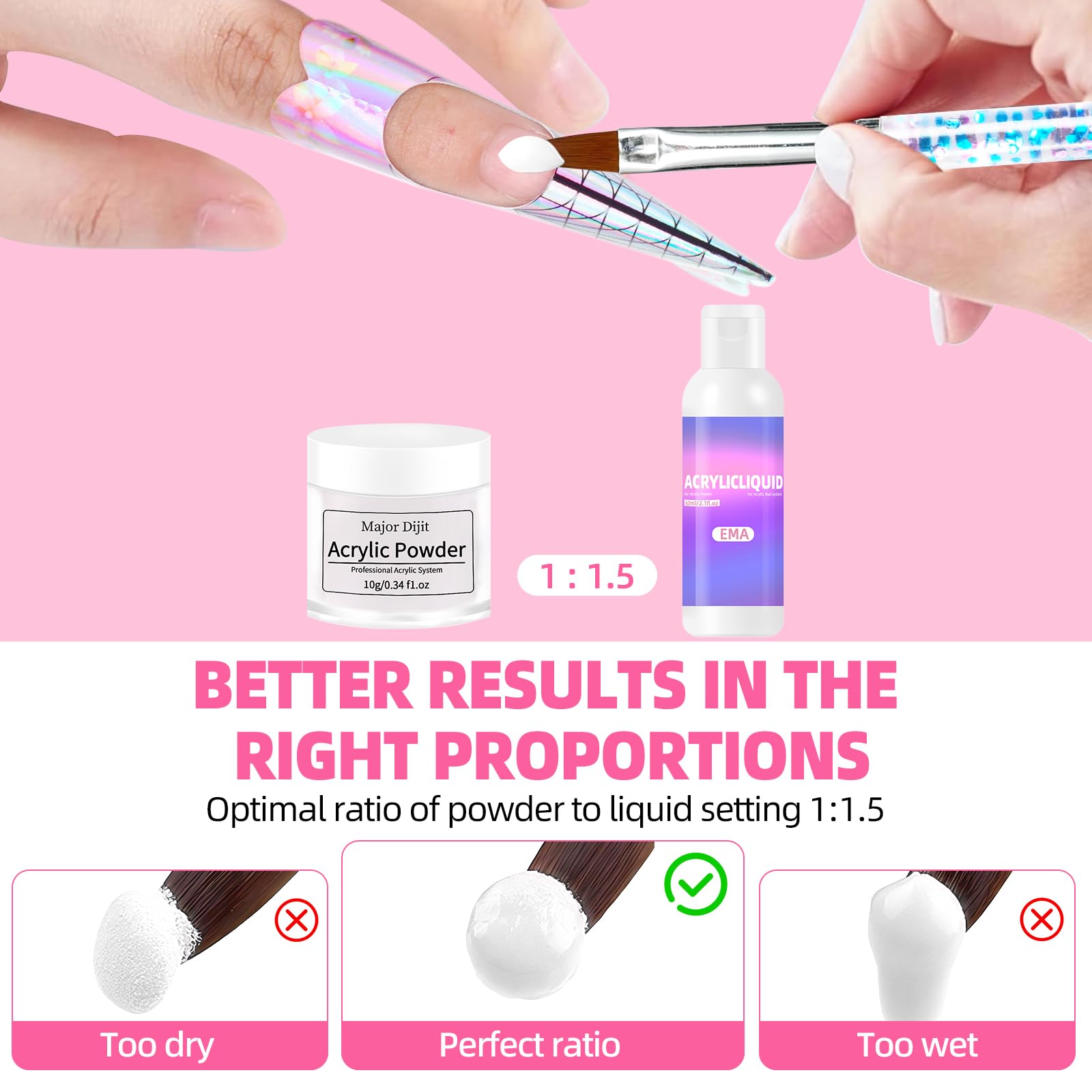 Major Dijit Acrylic Nail Kit with LED Lamp & Drill – 12 Colors, Base/Top Coats, Tips & Charms