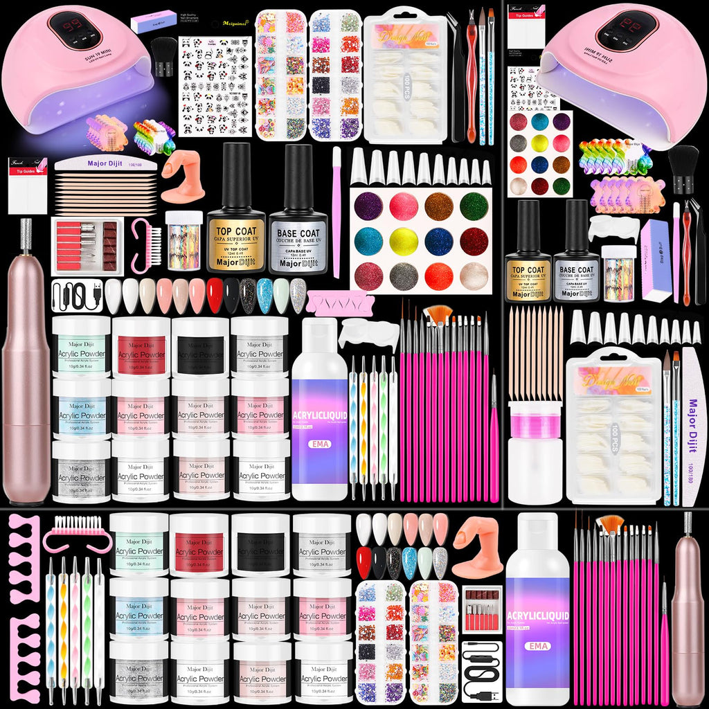 Major Dijit Acrylic Nail Kit with LED Lamp & Drill – 12 Colors, Base/Top Coats, Tips & Charms