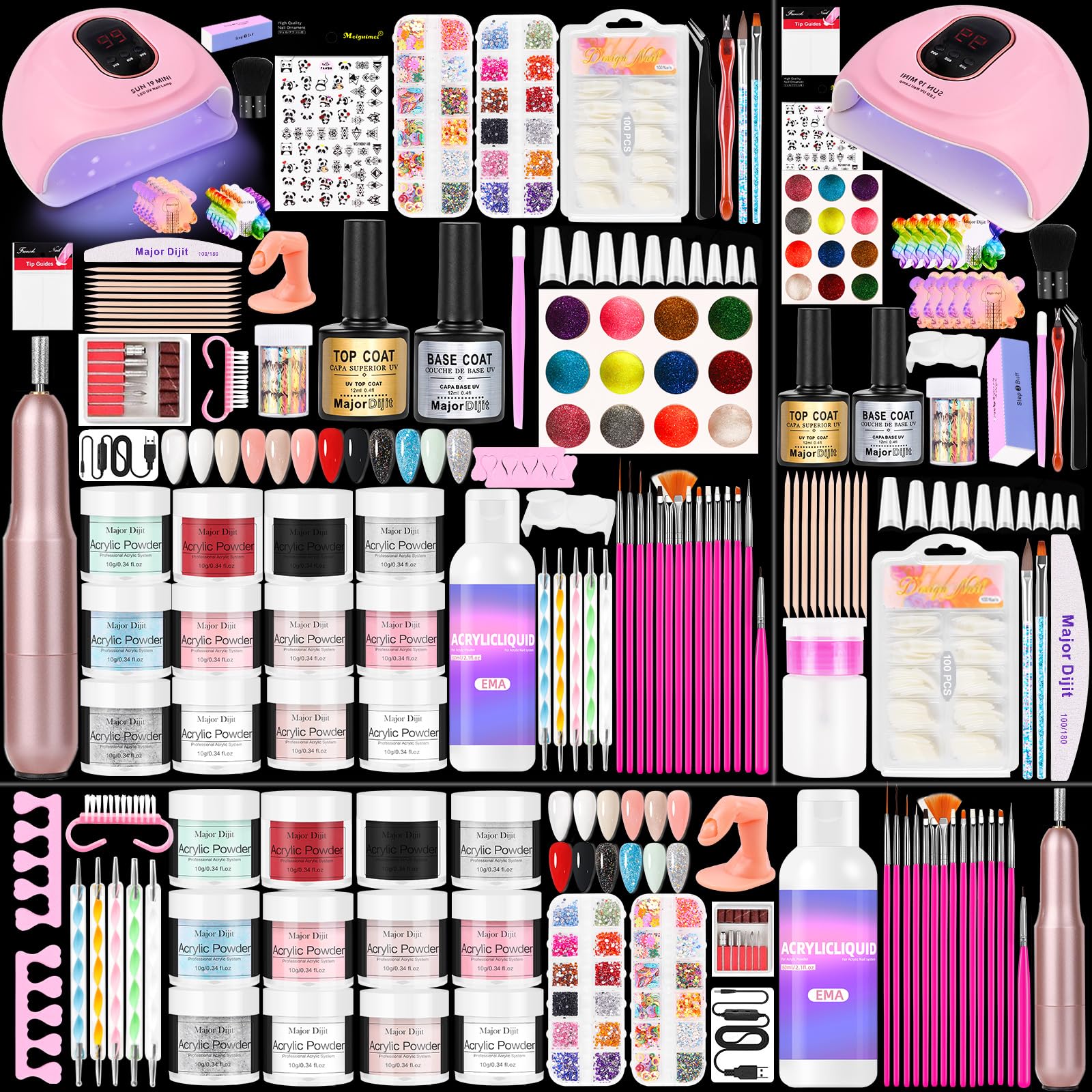 Major Dijit Acrylic Nail Kit with LED Lamp & Drill – 12 Colors, Base/Top Coats, Tips & Charms