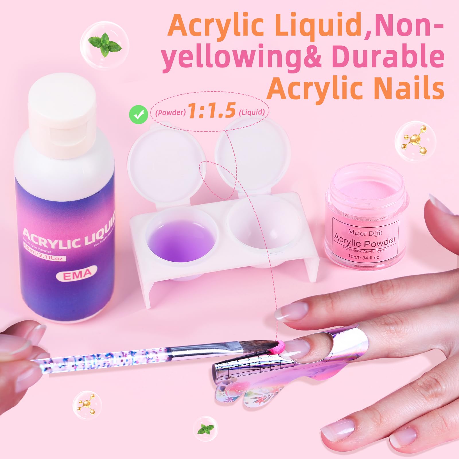 Major Dijit Acrylic Nail Kit with LED Lamp & Drill – 12 Colors, Base/Top Coats, Tips & Charms