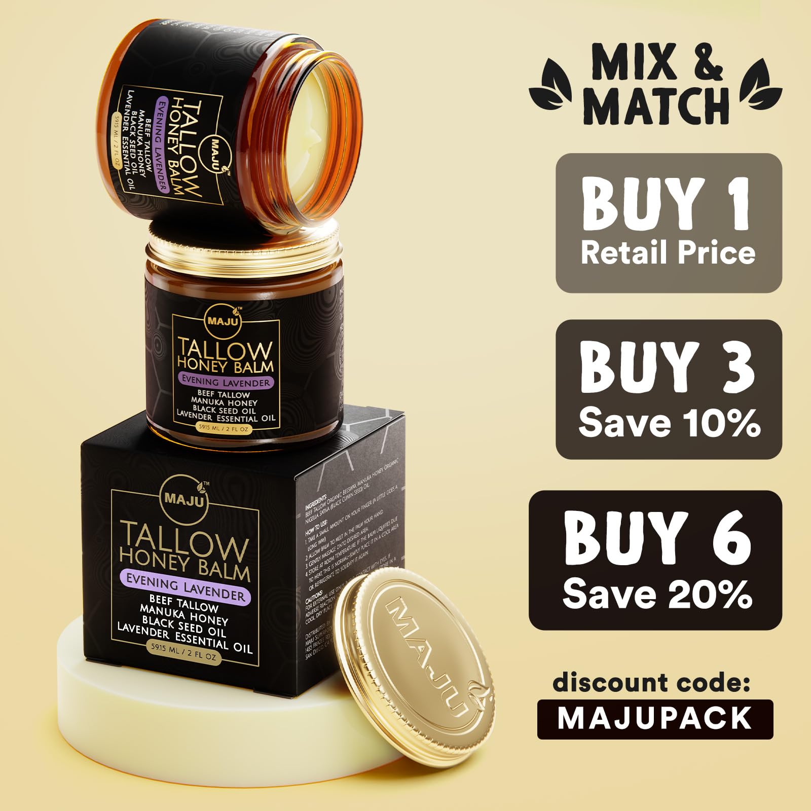 MAJU Tallow Honey Balm, Evening Lavender | Nighttime Grass-Fed Tallow Moisturizer