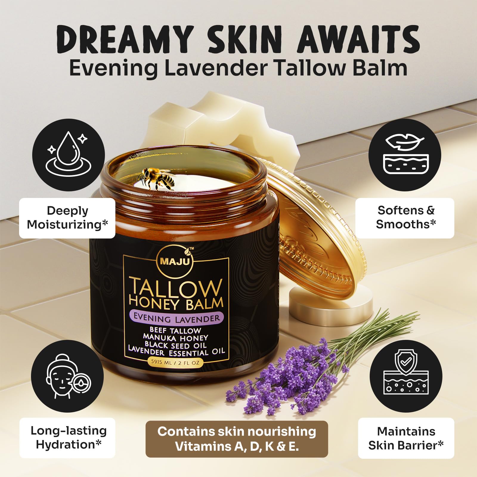 MAJU Tallow Honey Balm, Evening Lavender | Nighttime Grass-Fed Tallow Moisturizer