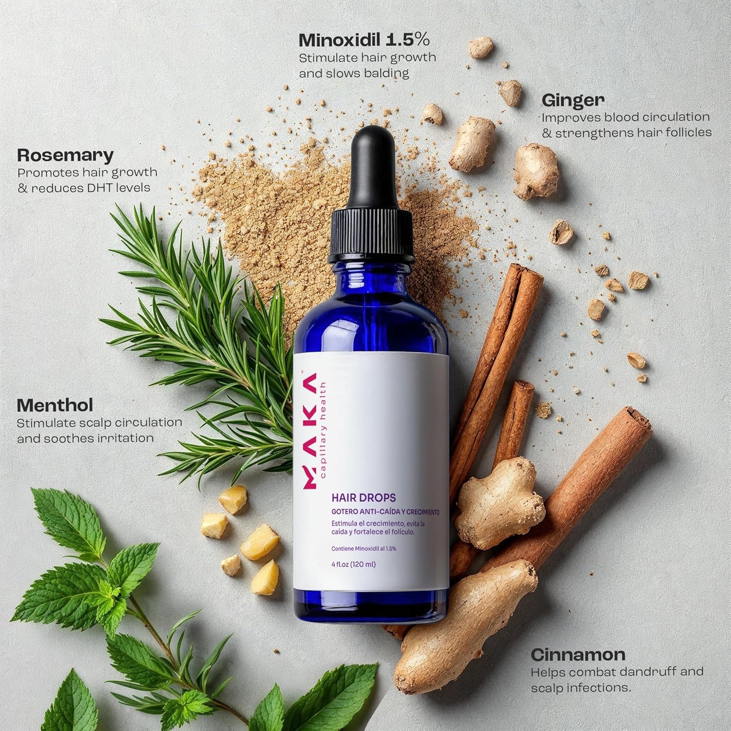 Maka Capilar Health Drops - Hair Growth Solution with 1.5% Minoxidil, Rosemary, Ginger, Cinnamon | 4 Oz