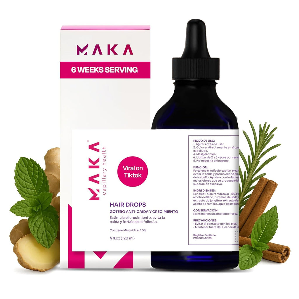 Maka Capilar Health Drops - Hair Growth Solution with 1.5% Minoxidil, Rosemary, Ginger, Cinnamon | 4 Oz