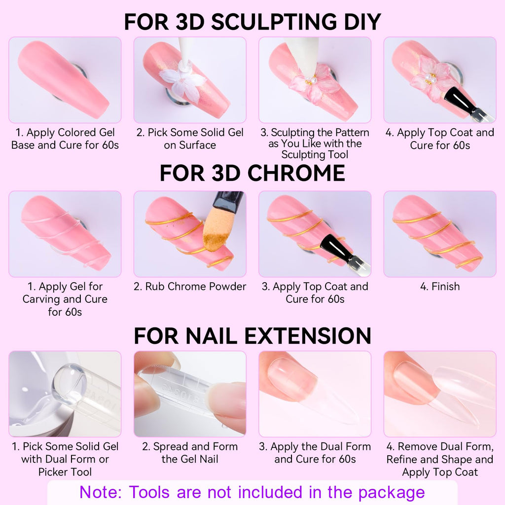 Makartt 3D Gel Nail Art Starter Kit — Clear Sculpting Gel, No-Wipe Finish, Chrome Powder & Molding Gels