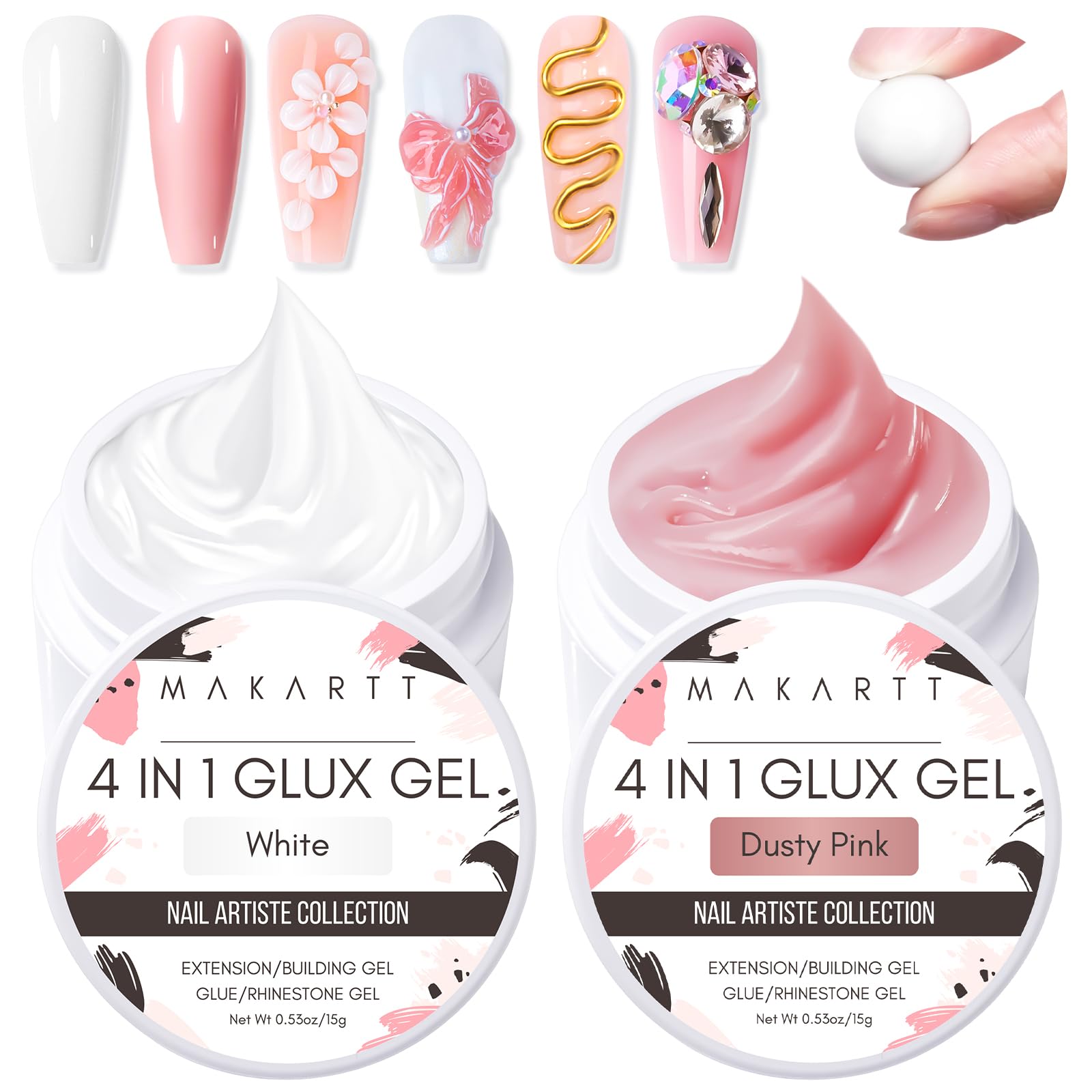 Makartt 3D Gel Nail Art – 4-in-1 Solid Builder Gel for Extensions (White & Dusty Pink)