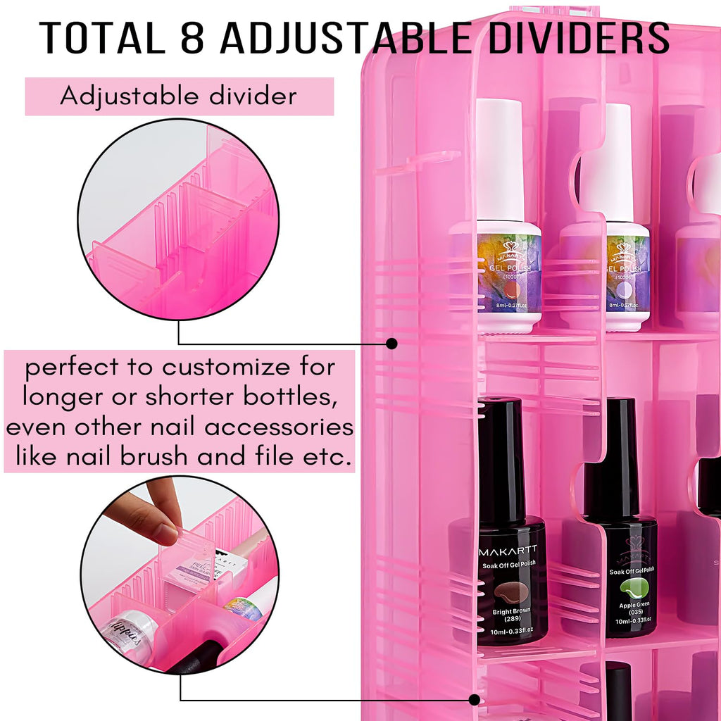 Makartt Nail Polish Organizer – Pink Acrylic Case for 48 Bottles with 8 Adjustable Dividers | Space-Saving