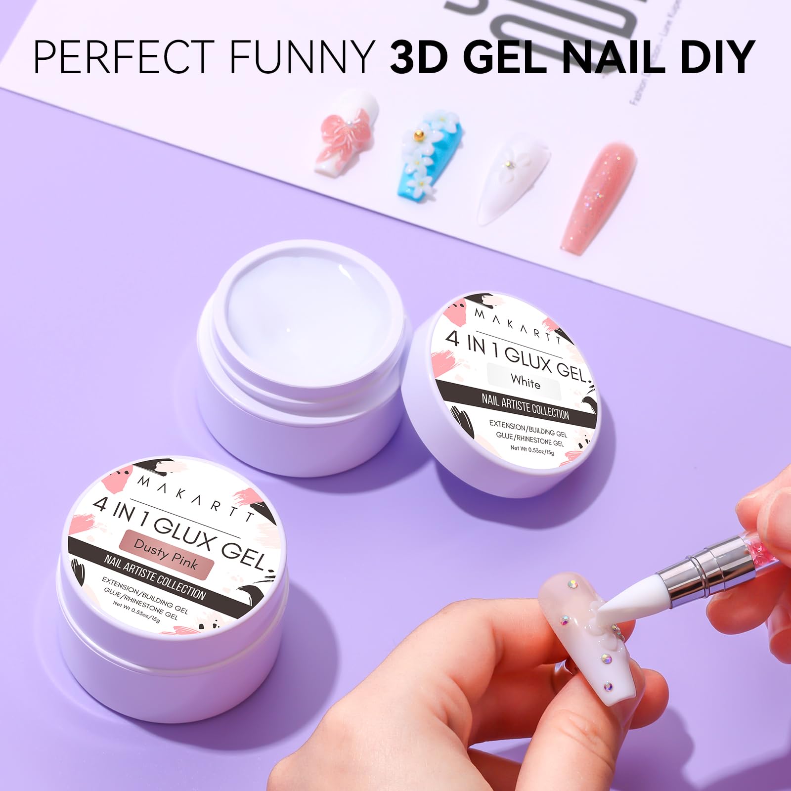 Makartt 3D Gel Nail Art – 4-in-1 Solid Builder Gel for Extensions (White & Dusty Pink)