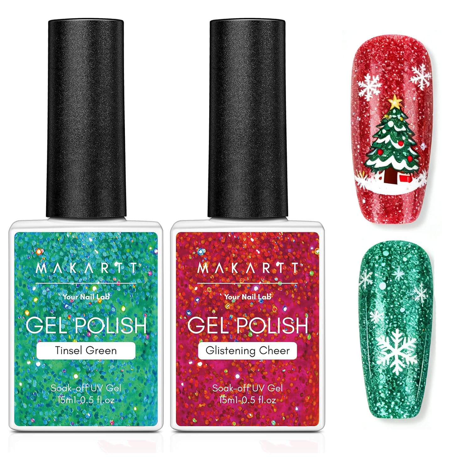 Makartt Christmas Glitter Gel Nail Polish Set – 2x15ml Shimmer Red & Green