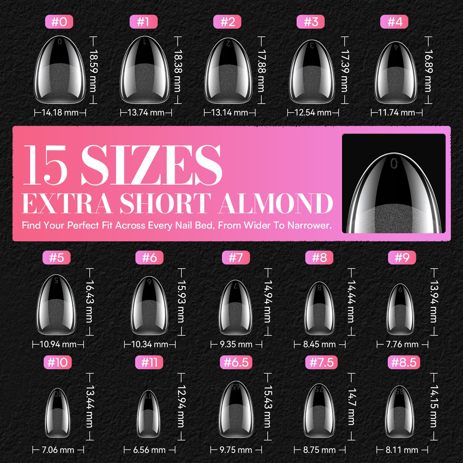 Makartt Extra Short Almond Nail Tips – 504Pcs, 15 Sizes, Clear Full-Cover Almond Tips, Half-Matte Finish
