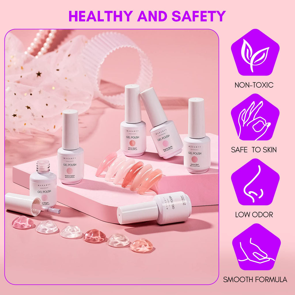 Makartt Gel Nail Polish Set – 6 Colors (8ml) Nude, Jelly Pink & Milky White for DIY Manicure