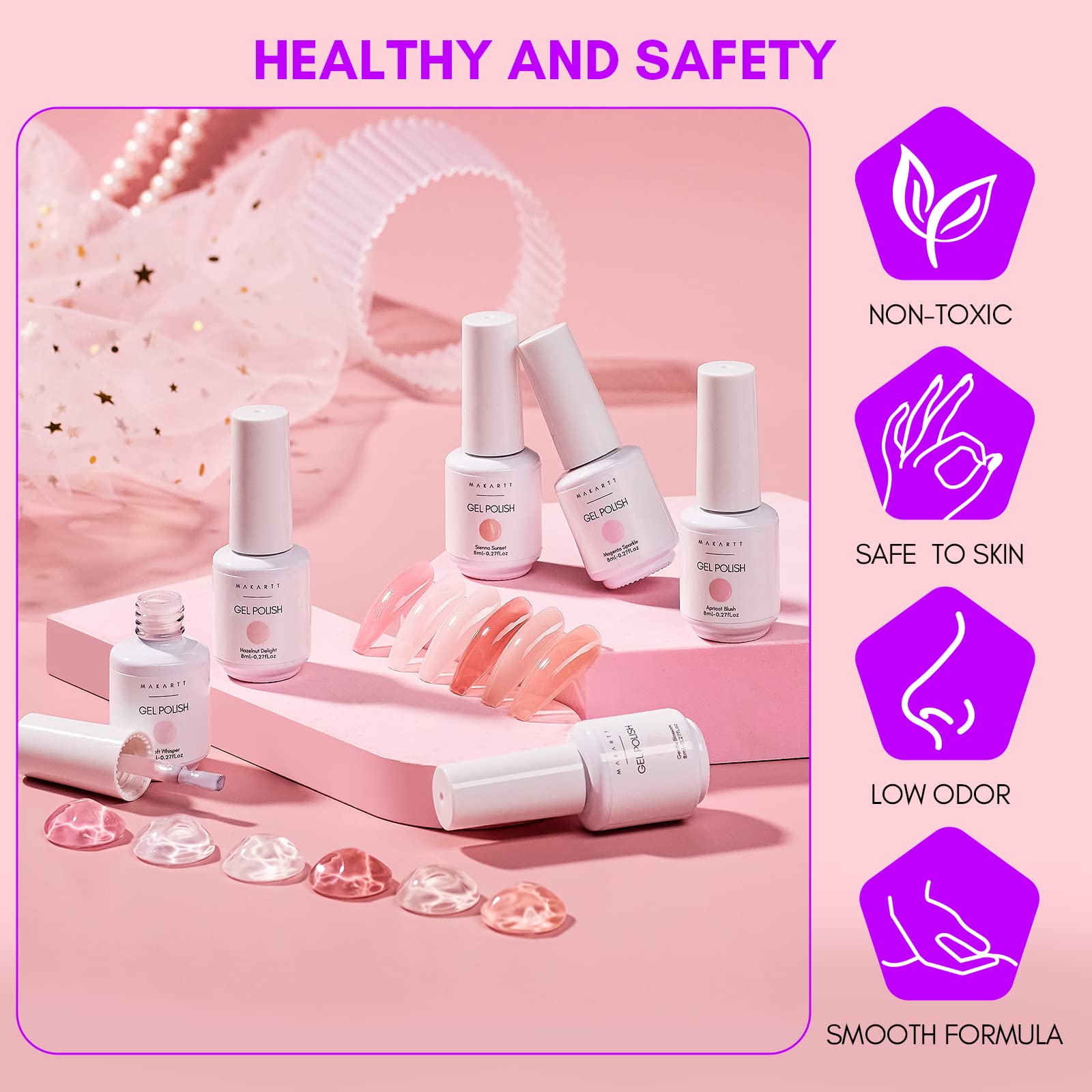 Makartt Gel Nail Polish Set – 6 Colors (8ml) Nude, Jelly Pink & Milky White for DIY Manicure
