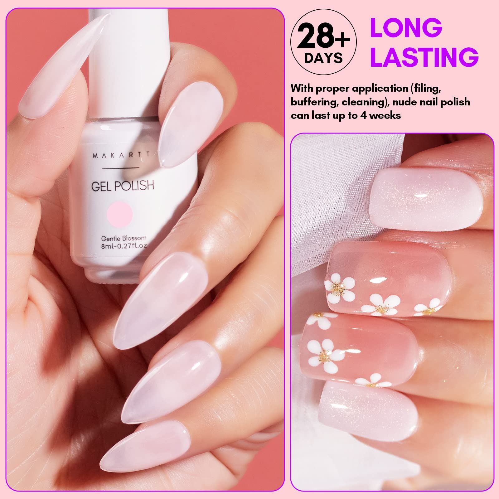 Makartt Gel Nail Polish Set – 6 Colors (8ml) Nude, Jelly Pink & Milky White for DIY Manicure