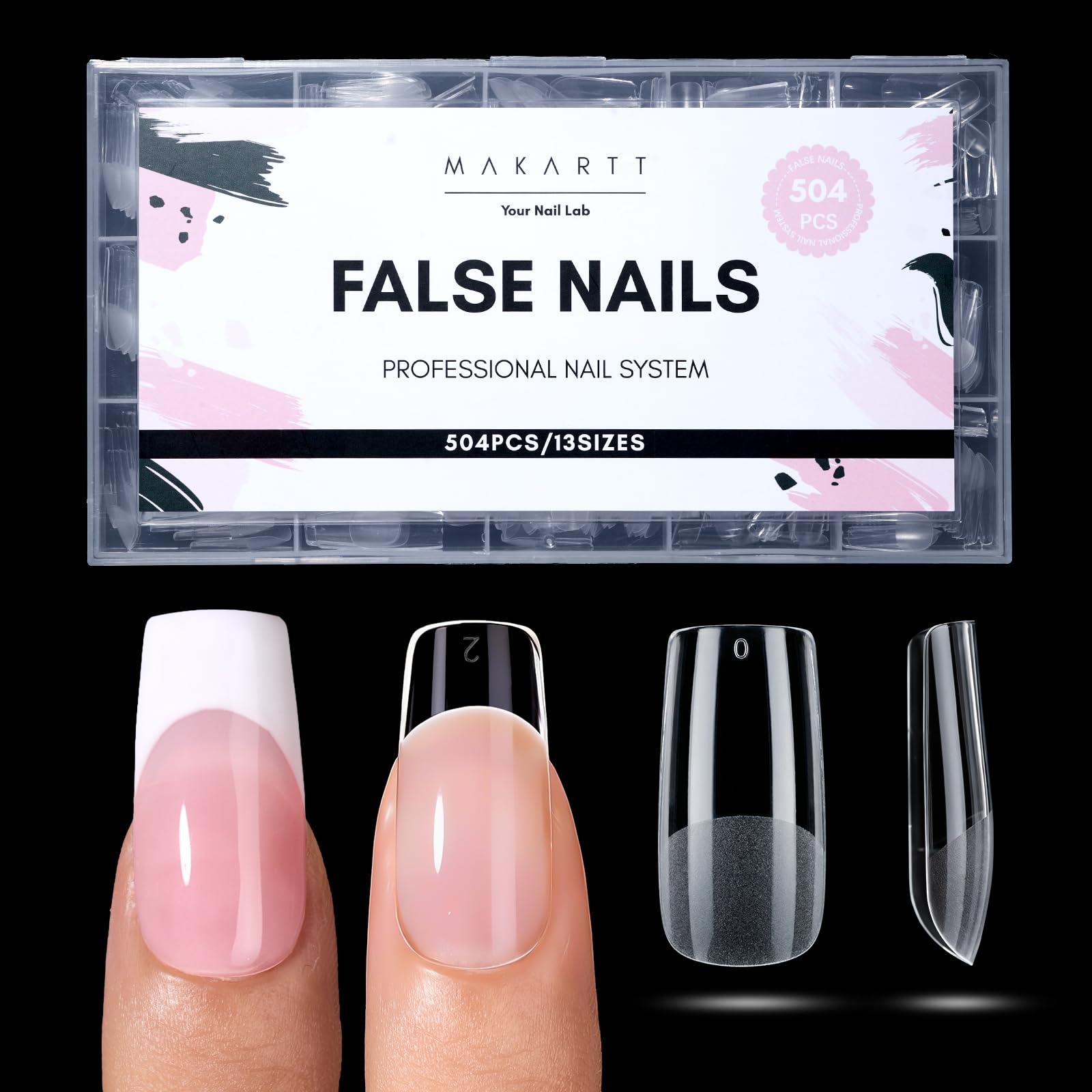 Makartt Medium Square Nail Tips – 504 PCS, 13 Sizes, Clear, Half-Matte
