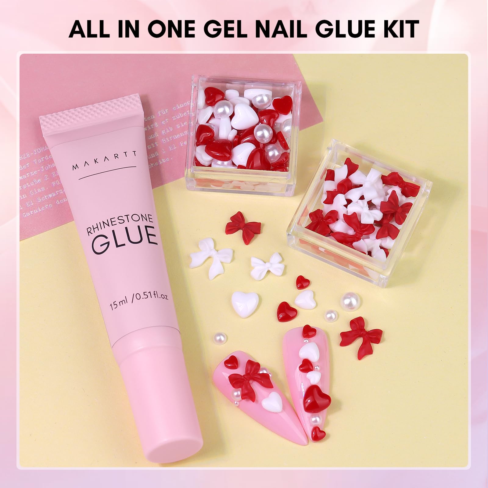 Makartt Nail Charm & Rhinestone Glue Kit — 15ml Gel, 3D Hearts, Bowknot & Pearls for Nails