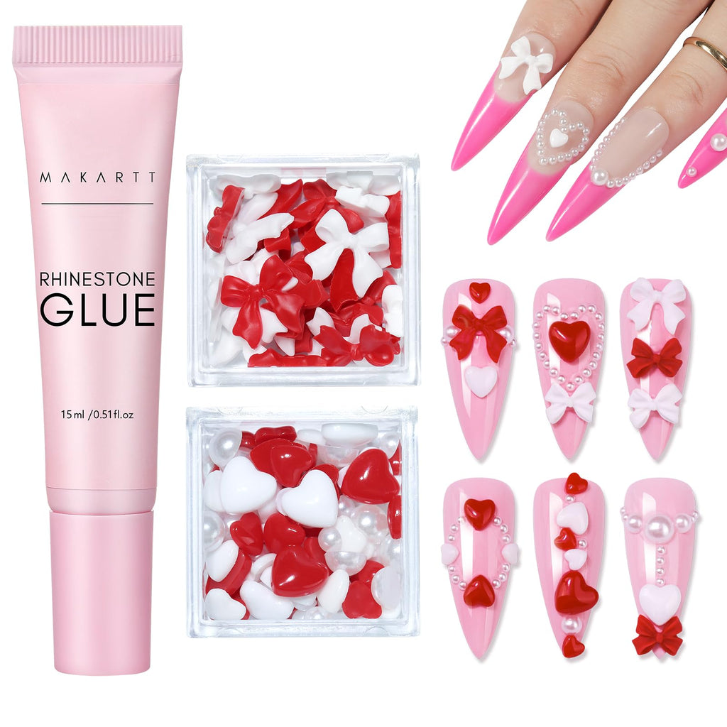 Makartt Nail Charm & Rhinestone Glue Kit — 15ml Gel, 3D Hearts, Bowknot & Pearls for Nails