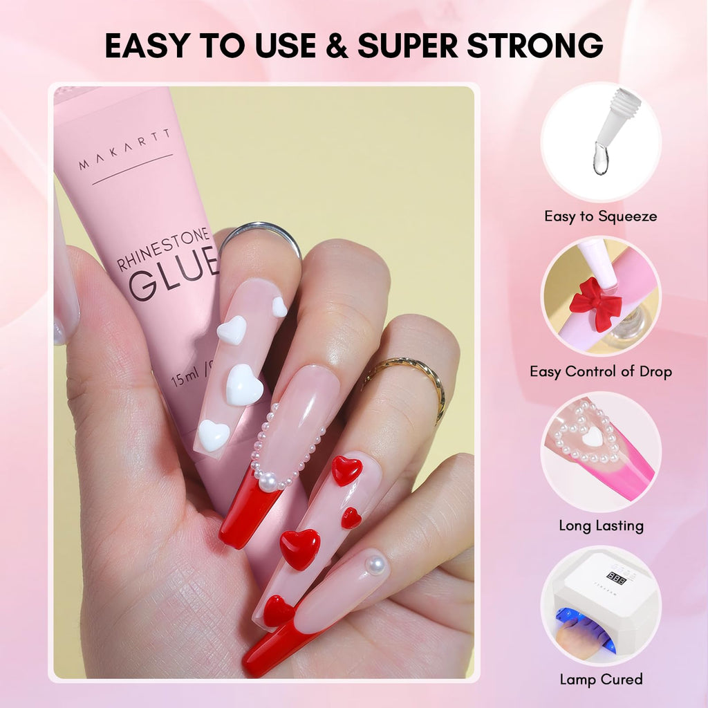 Makartt Nail Charm & Rhinestone Glue Kit — 15ml Gel, 3D Hearts, Bowknot & Pearls for Nails