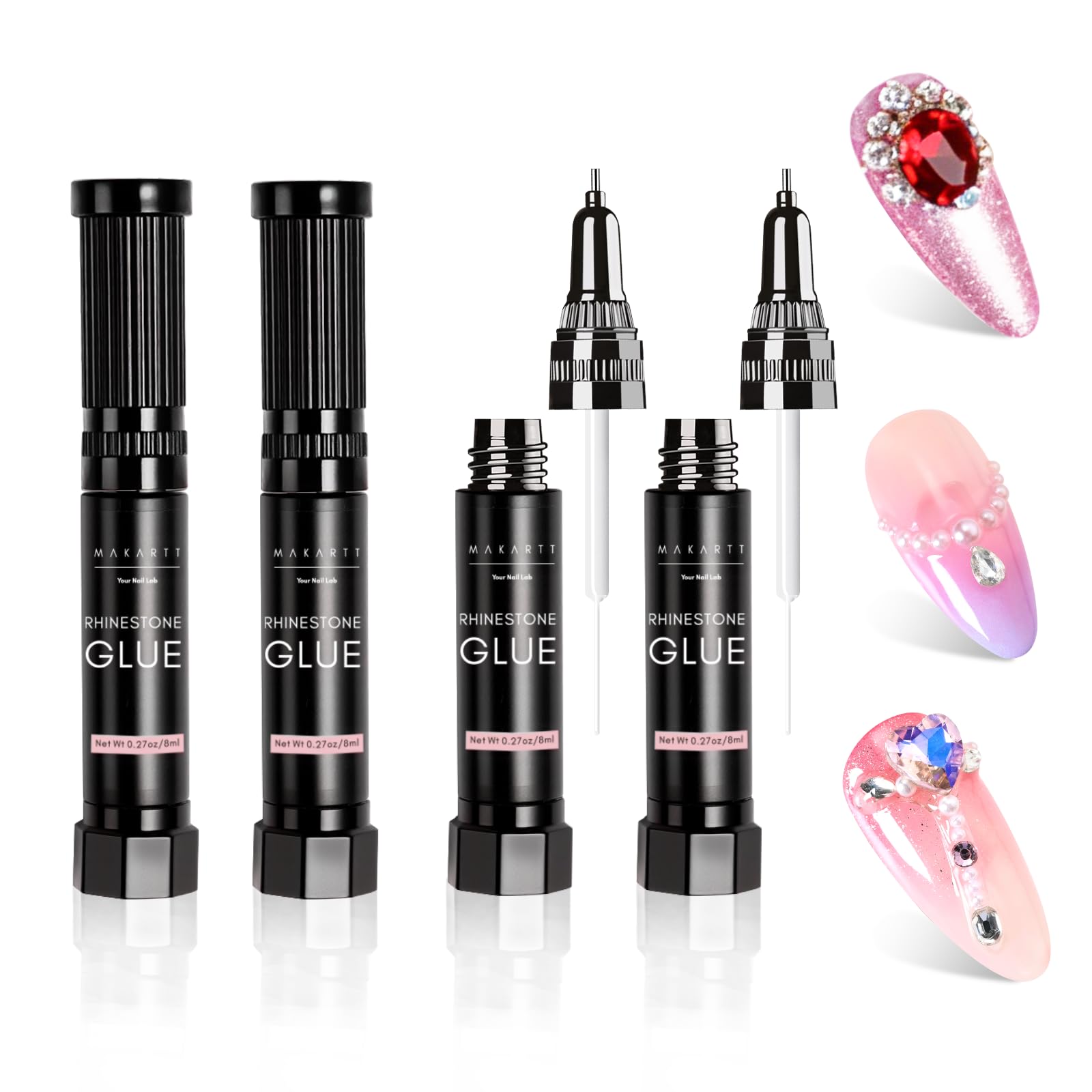 Makartt Nail Rhinestone Glue Gel – Dual-Head Applicator, Strong Adhesive, 8ml x4