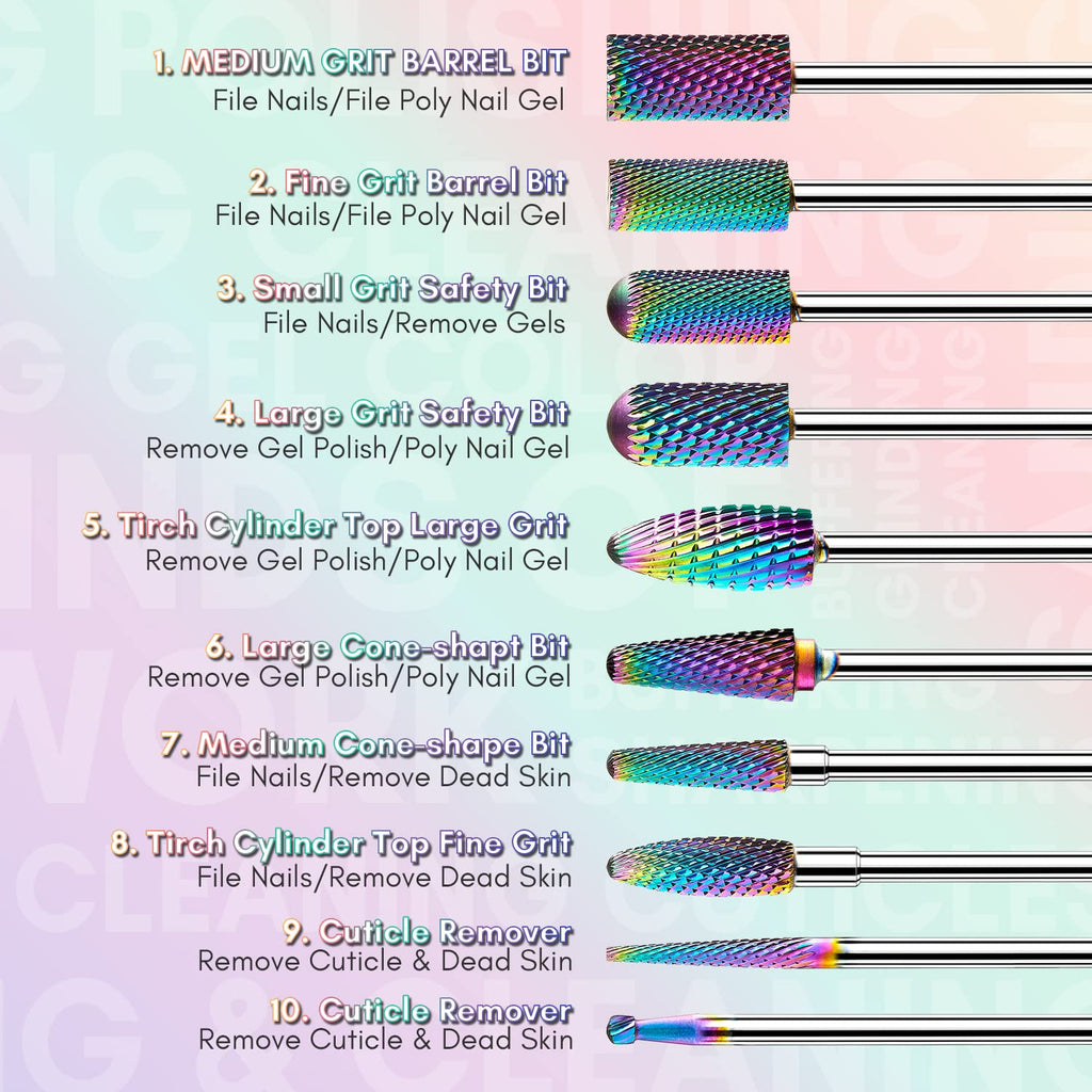 Makartt Nail Drill Bits Set – 10Pcs Diamond Tungsten Carbide, 3/32in for Acrylic & Gel Nails