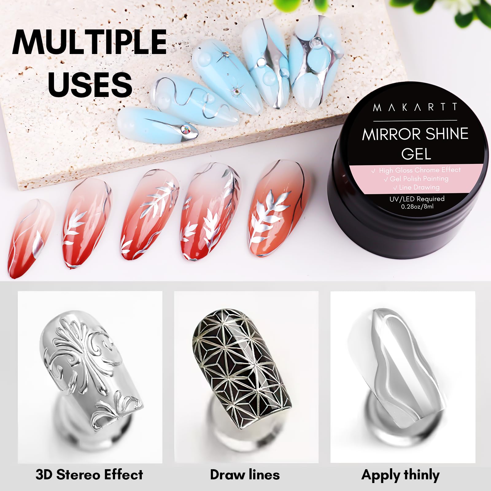 Makartt Mirror Shine Gel 8ml – Silver Chrome Nail Gel for 3D Art & French Tips
